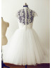 High Neck Ivory Lace Tulle Tea Length Wedding Dress
